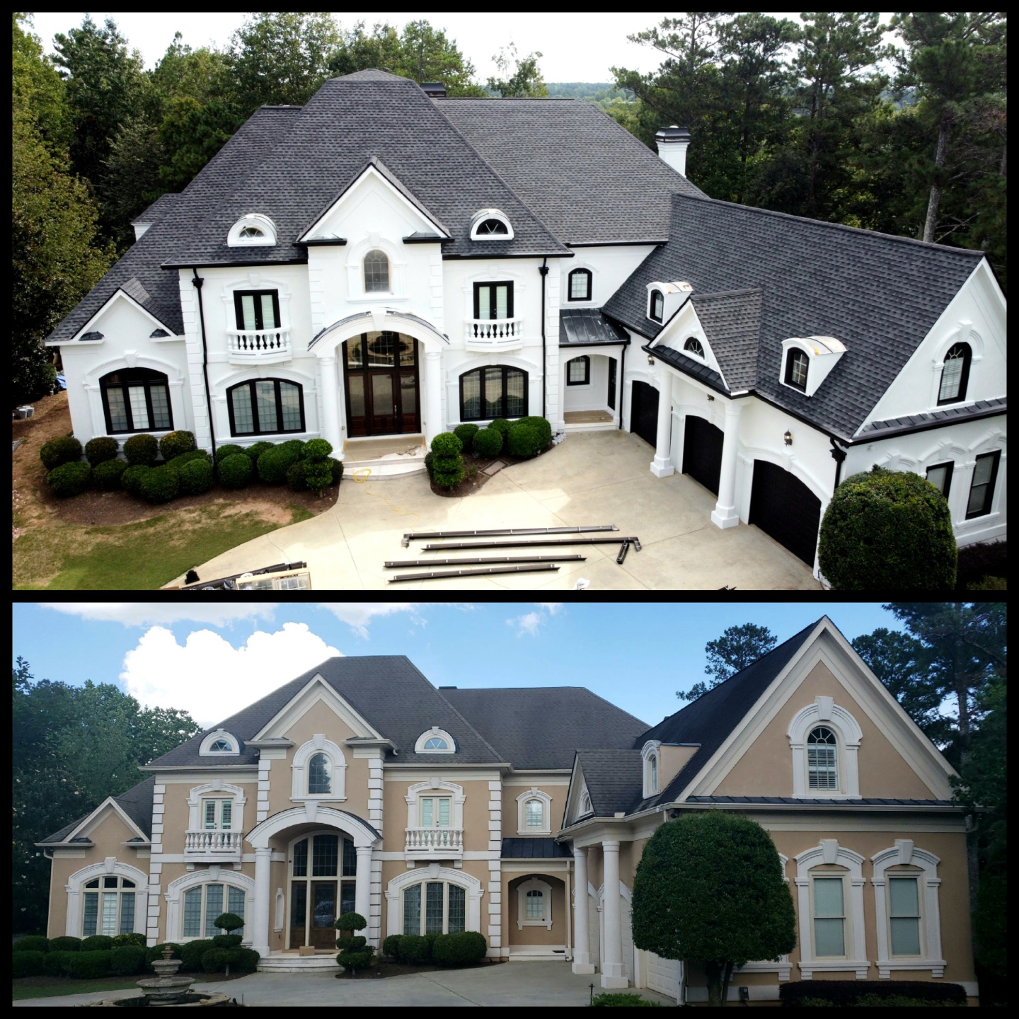 Two luxury Atlanta estates with completed Charcoal shingle roof replacements — aerial drone photography by 1 Source Roofing